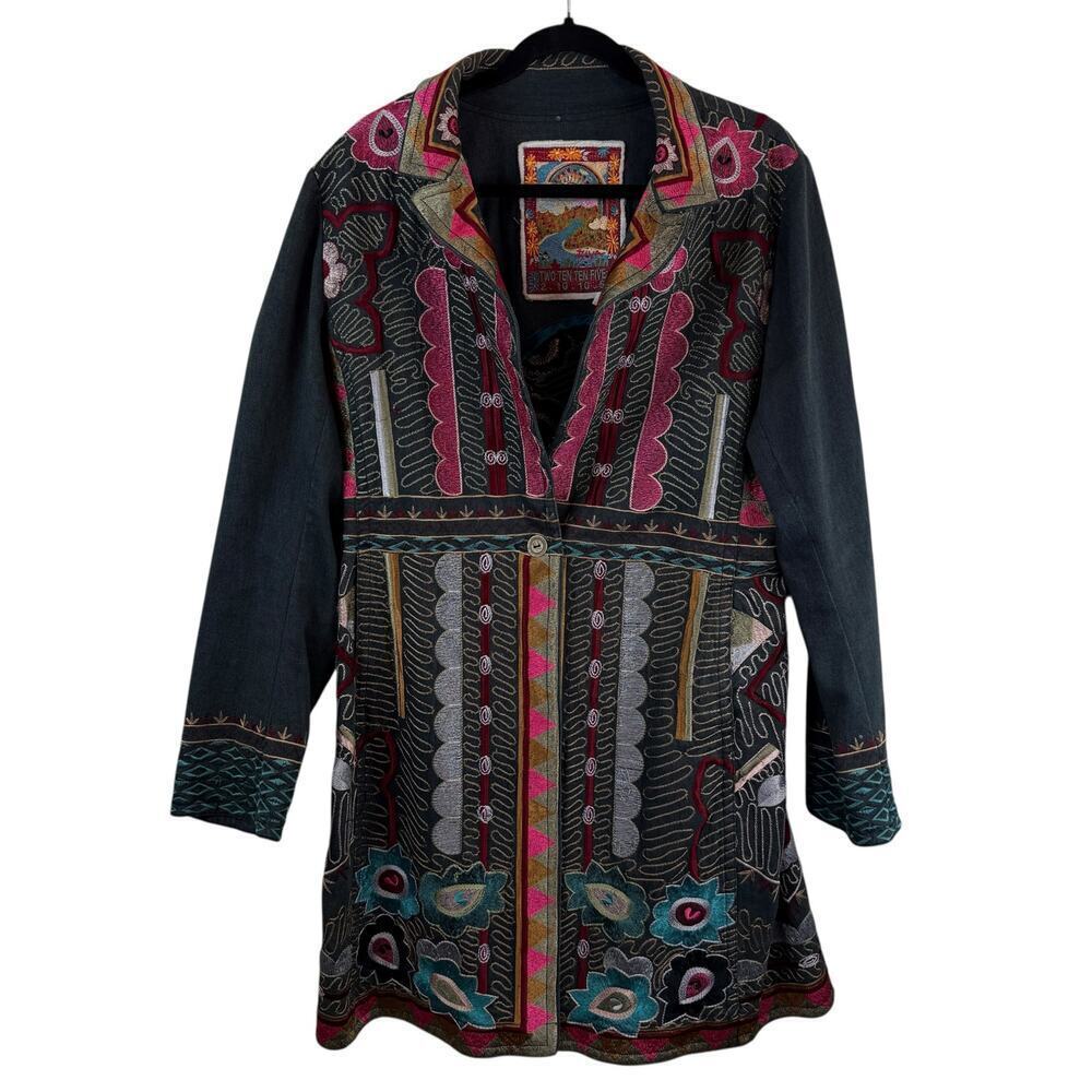 Johny Was Two Ten Ten Five Biya Embroidered Long Coat Boho Statement Blue Sz XL